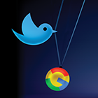 Twitter bird holds string with Google logo.