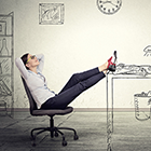 Woman reclines in chair, with sketched-in office equipment.