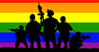 Troops in silhouette behind multicolored horizontal stripes.