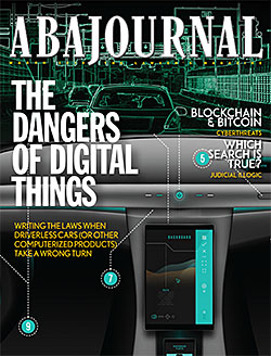 ABA Journal March 2018 cover image with autonomous vehicle image.