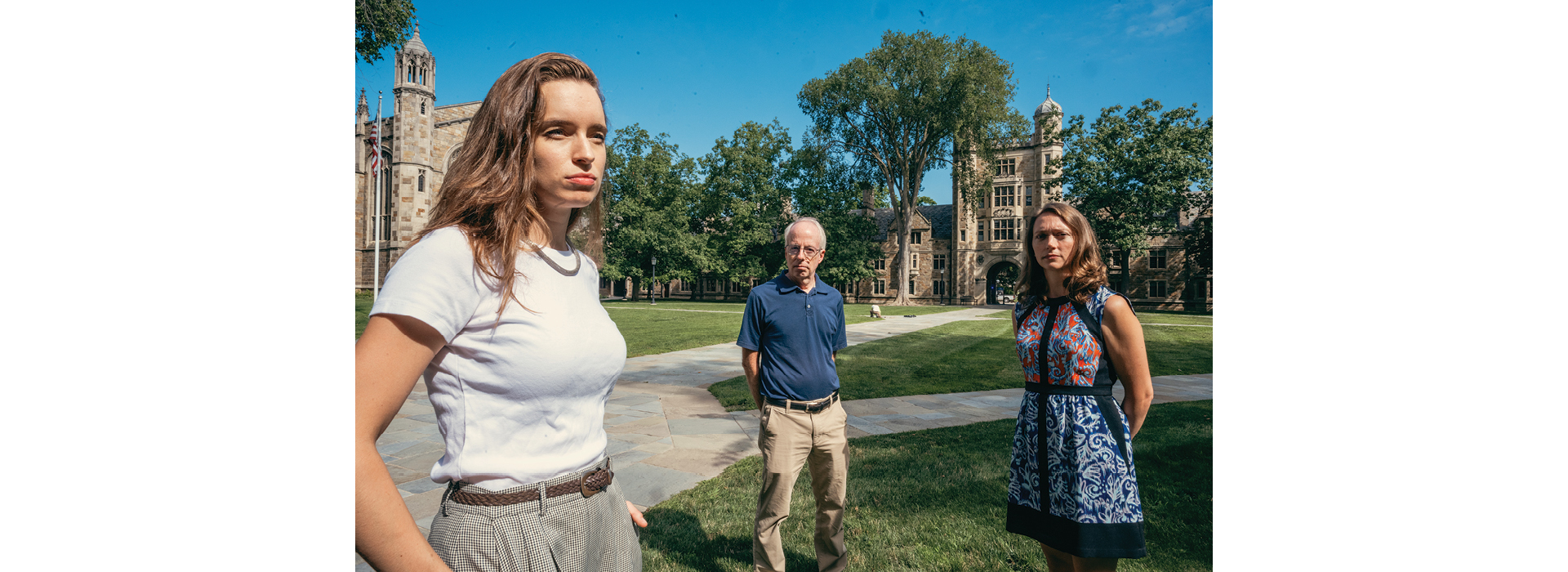 Three people on campus