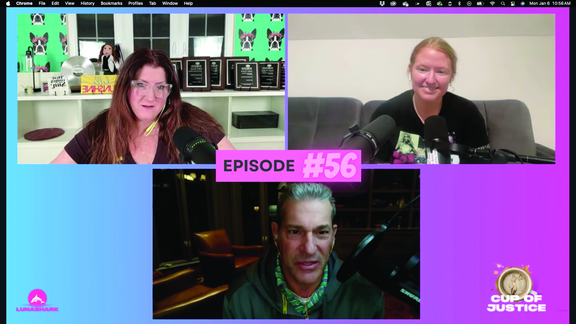 Screenshot of a podcast recording with three hosts