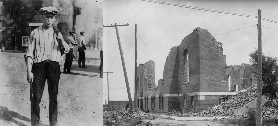 At left, an armed white rioter. At right, the remains of the Mt. Zion Baptist Church in the wake of the race riot destruction.