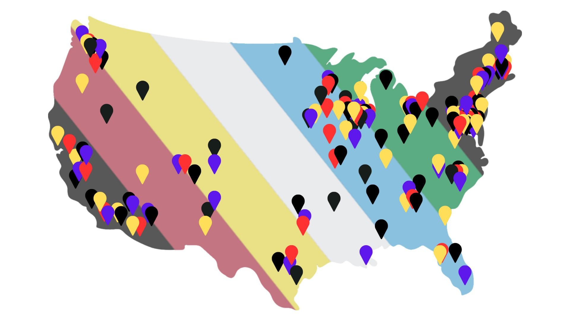 Map of the United States in the colors of the disability pride flag with scattered places markers representing the locations of disabled attorneys