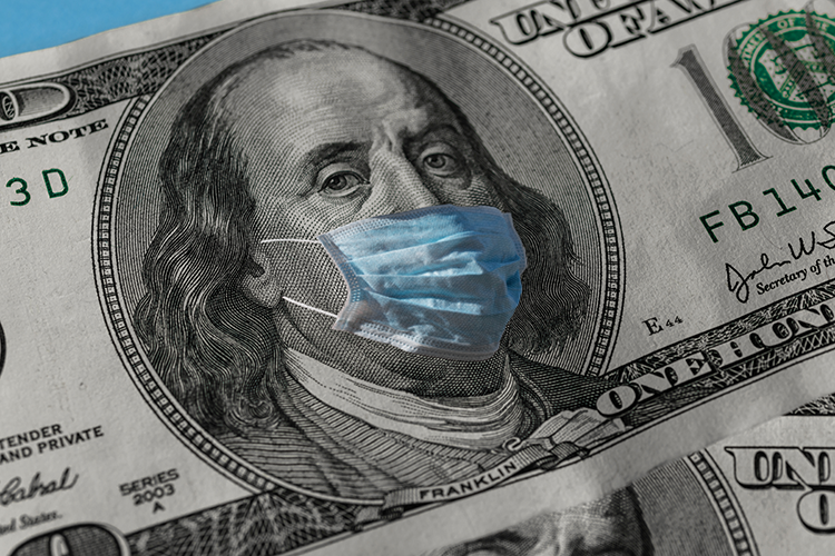 Ben Franklin on a hundred dollar bill wearing a medical mask