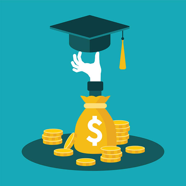 Hand extending from a money bag towards a graduation cap