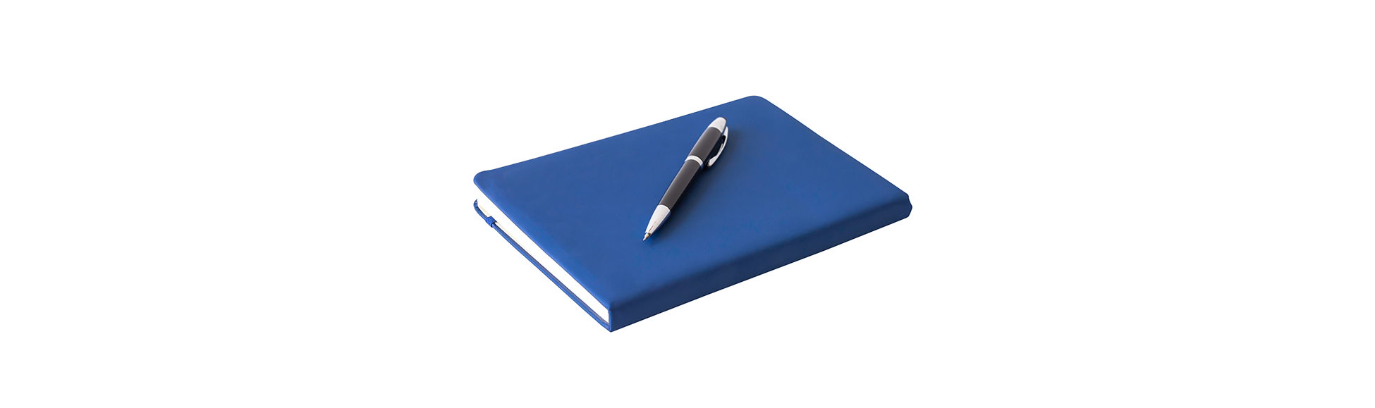 A blue notebook and pen isolated on a white background