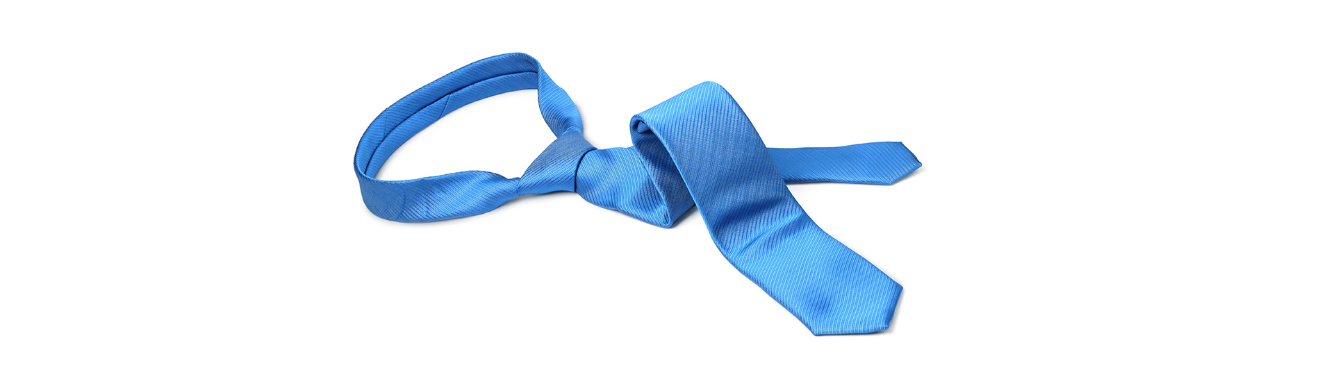 A blue necktie isolated on a white background. The necktie is tied in a noose, but empty