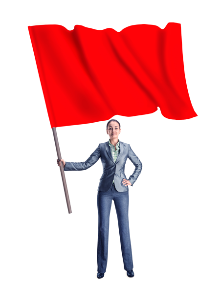 woman in a business suit holding a big red flag