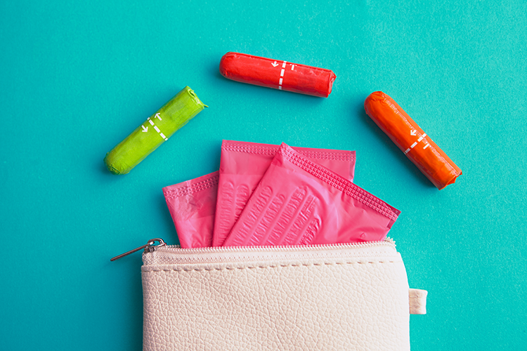 tampons and pads in a small zippered pouch
